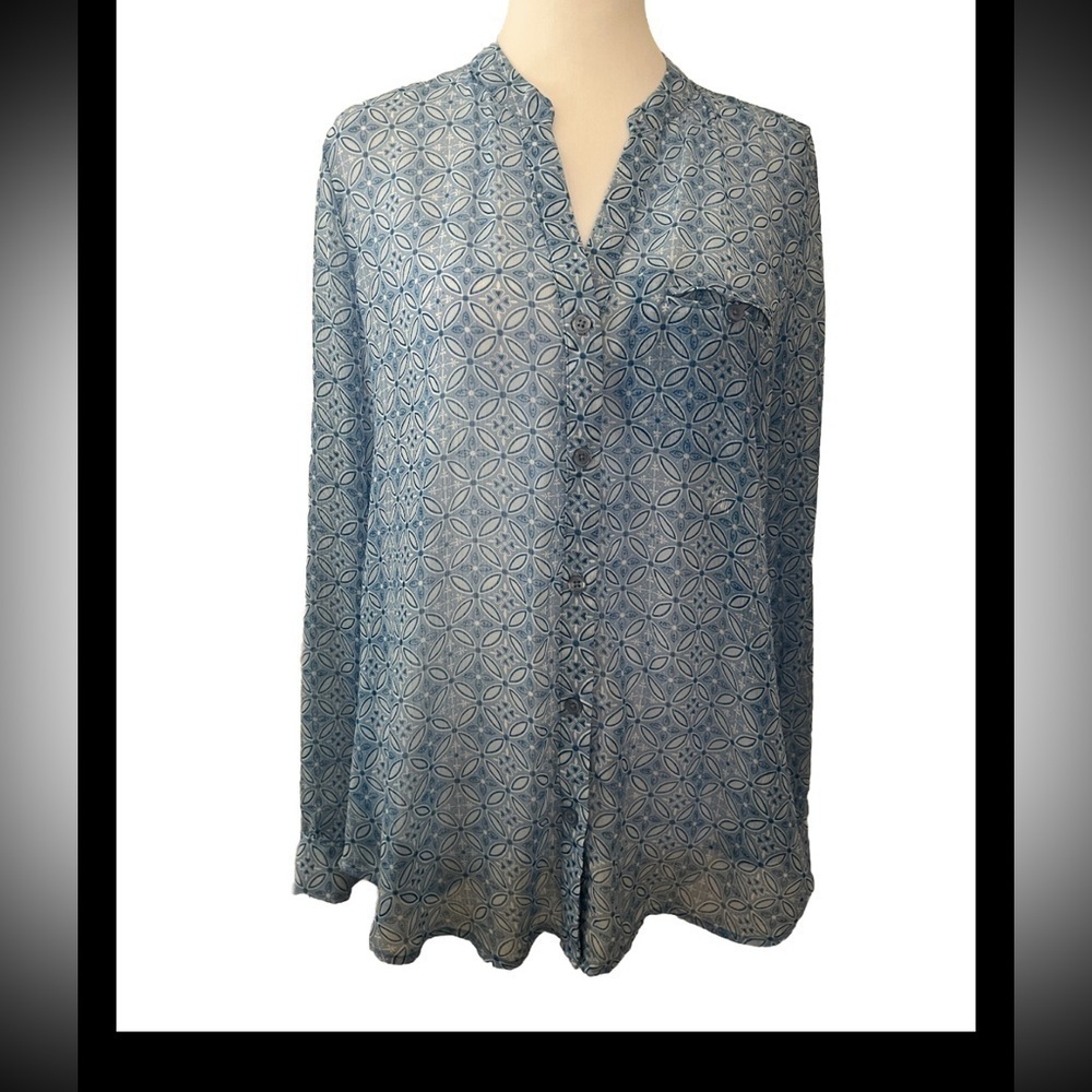 Kut From The Kloth Blue Floral Button Front Long Sleeve Blouse M